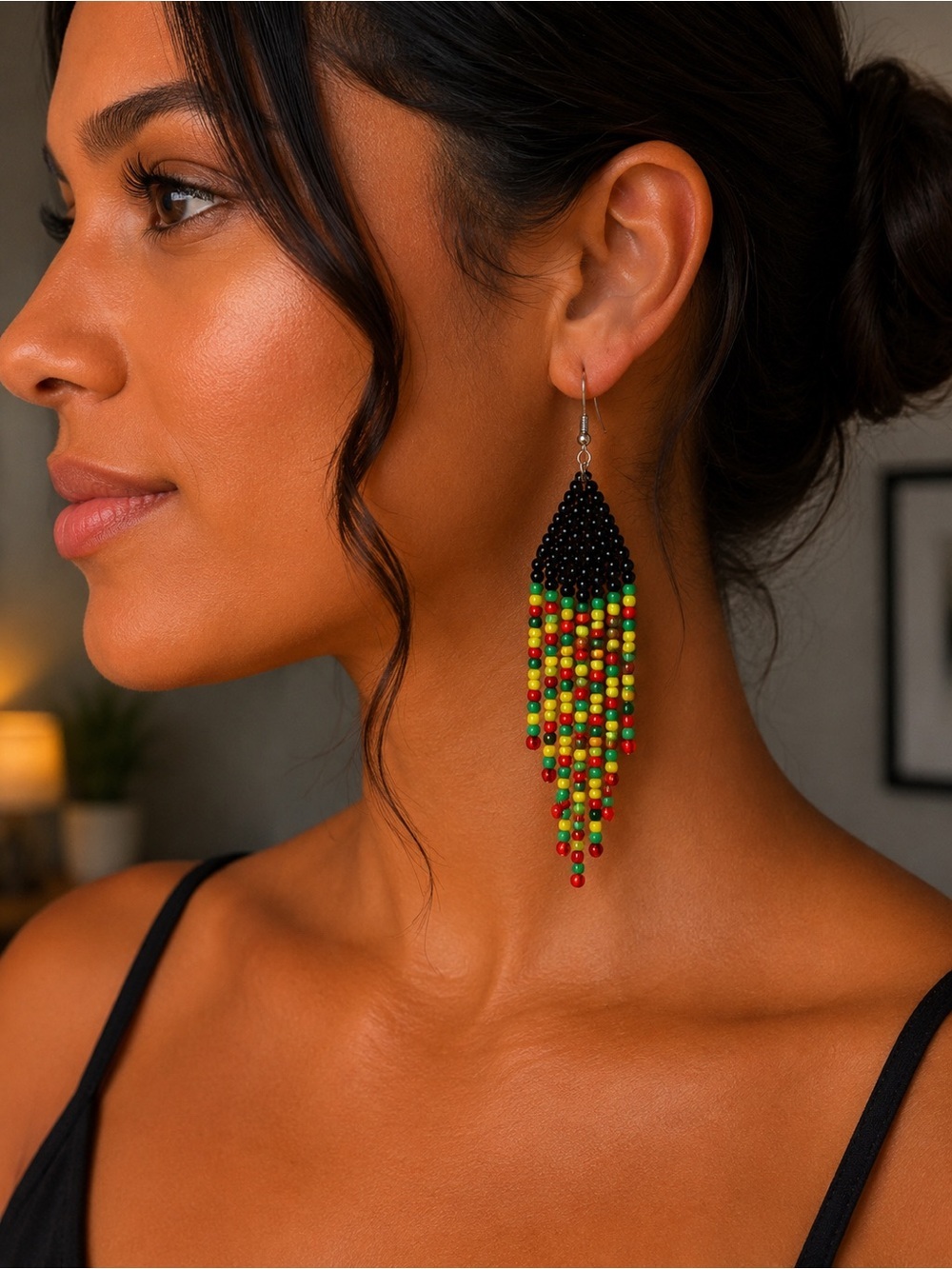 Black Beaded Fringe Earrings with Red, Yellow & Green Accent set